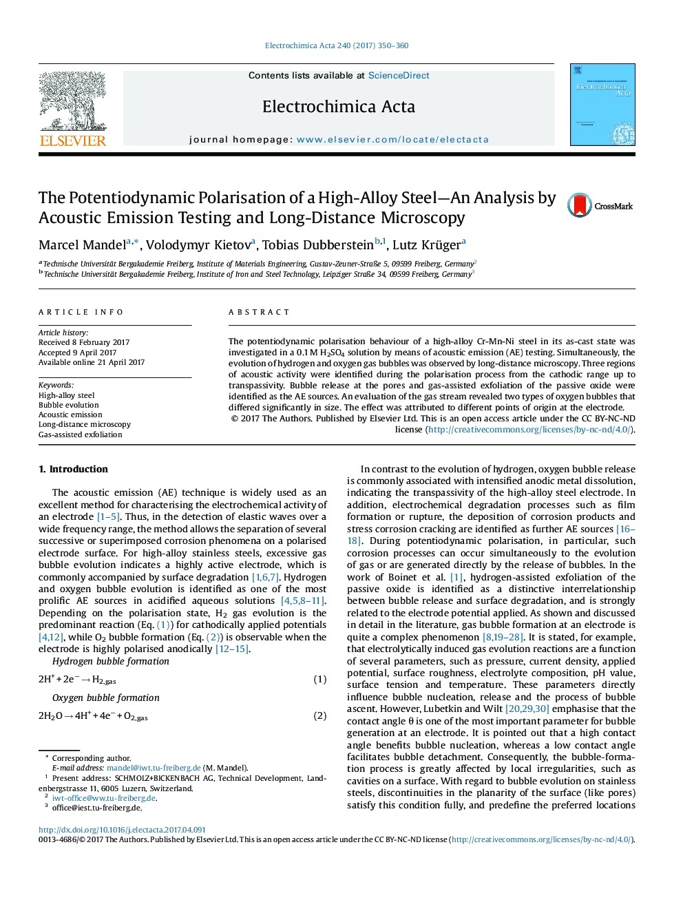 The Potentiodynamic Polarisation of a High-Alloy Steel-An Analysis by Acoustic Emission Testing and Long-Distance Microscopy