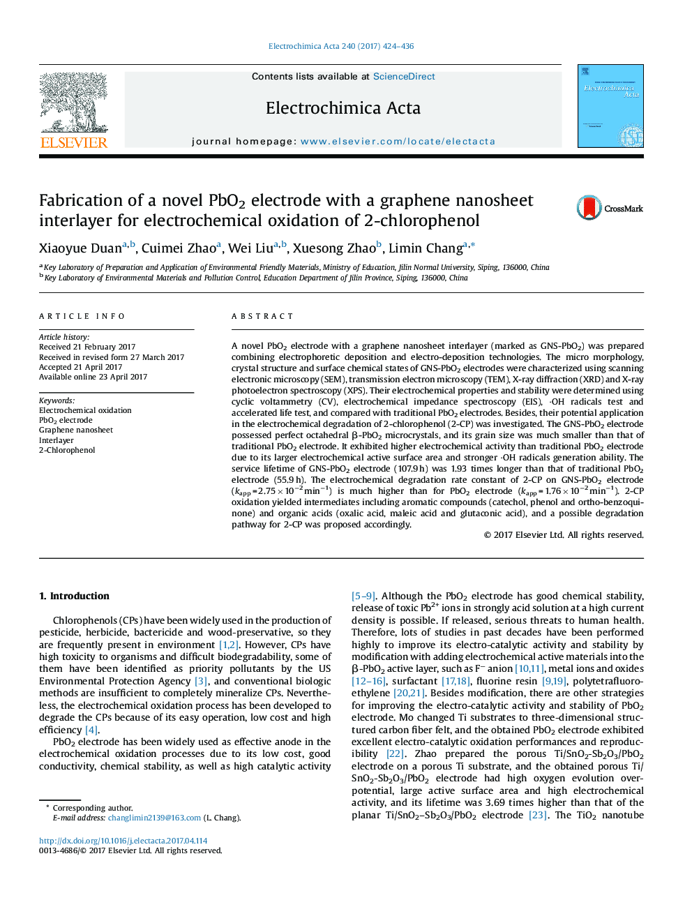 Fabrication of a novel PbO2 electrode with a graphene nanosheet interlayer for electrochemical oxidation of 2-chlorophenol