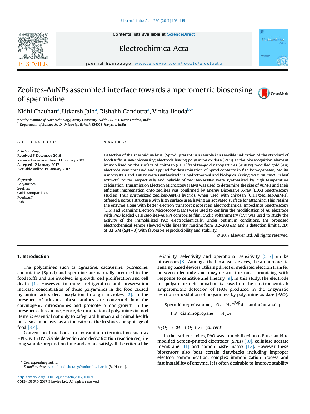 Zeolites-AuNPs assembled interface towards amperometric biosensing of spermidine