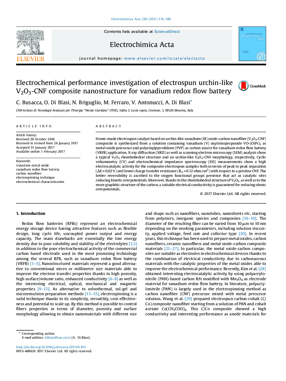 Electrochemical performance investigation of electrospun urchin-like V2O3-CNF composite nanostructure for vanadium redox flow battery