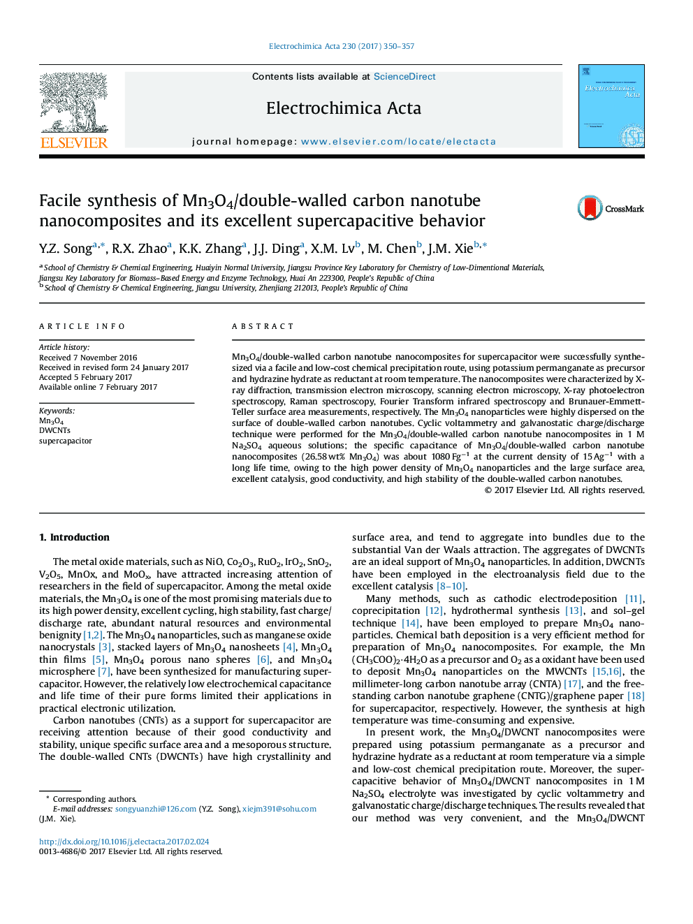 Facile synthesis of Mn3O4/double-walled carbon nanotube nanocomposites and its excellent supercapacitive behavior