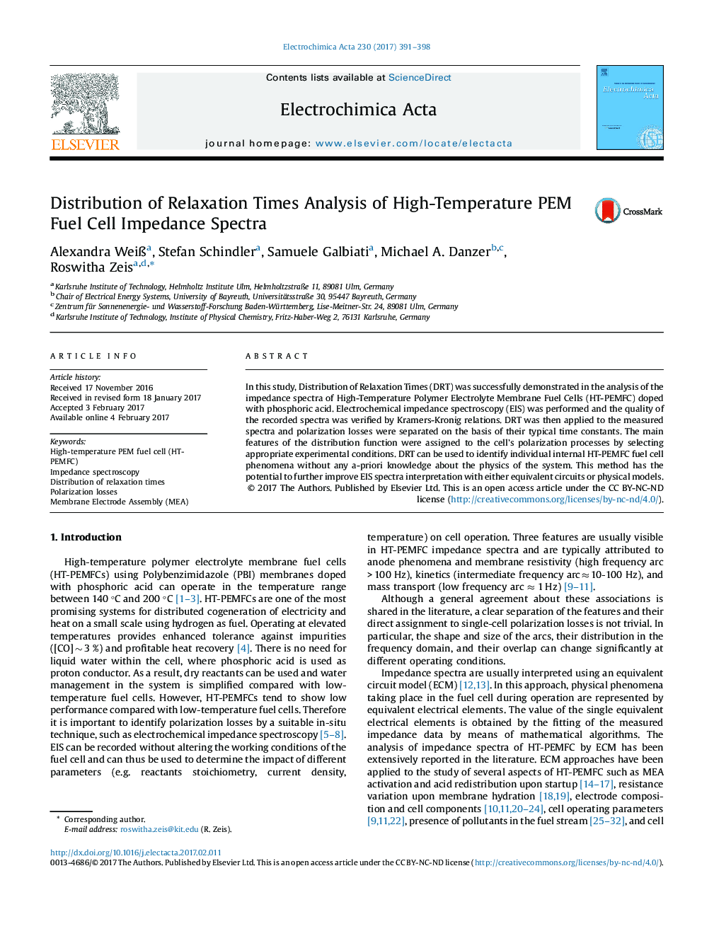 Distribution of Relaxation Times Analysis of High-Temperature PEM Fuel Cell Impedance Spectra