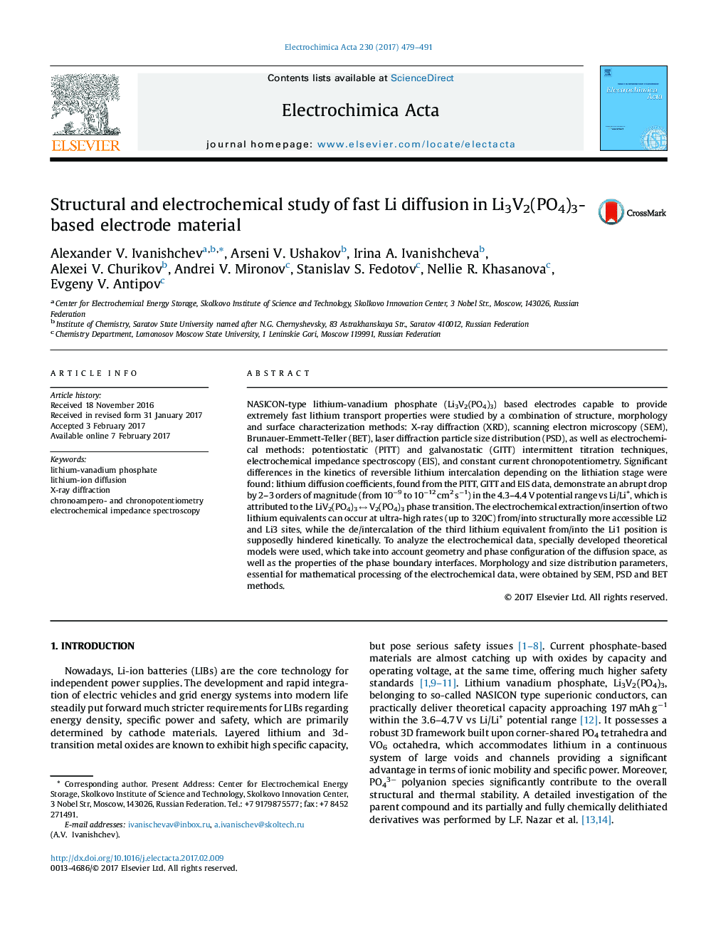 عکس صفحه اول مقاله: Structural and electrochemical study of fast Li diffusion in Li3V2(PO4)3-based electrode material Structural and electrochemical study of fast Li diffusion in Li3V2(PO4)3-based electrode material