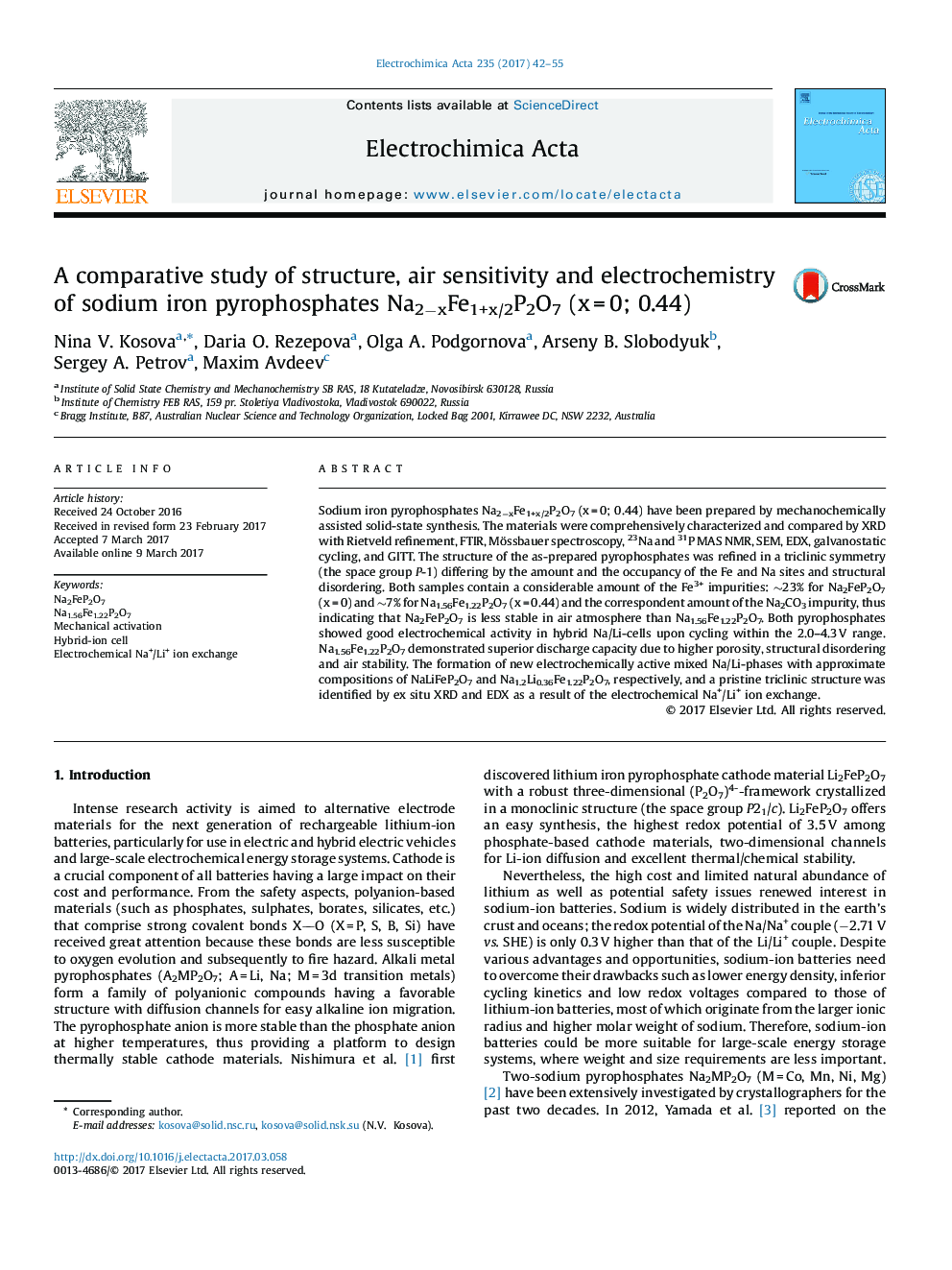 A comparative study of structure, air sensitivity and electrochemistry of sodium iron pyrophosphates Na2âxFe1+x/2P2O7 (x = 0; 0.44)