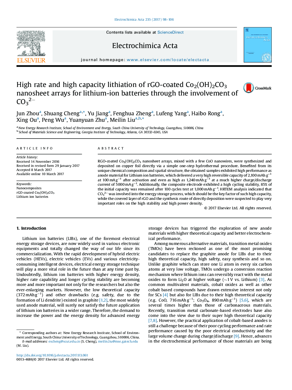 عکس صفحه اول مقاله: High rate and high capacity lithiation of rGO-coated Co2(OH)2CO3 nanosheet arrays for lithium-ion batteries through the involvement of CO32− High rate and high capacity lithiation of rGO-coated Co2(OH)2CO3 nanosheet arrays for lithium-ion batteries through the involvement of CO32−