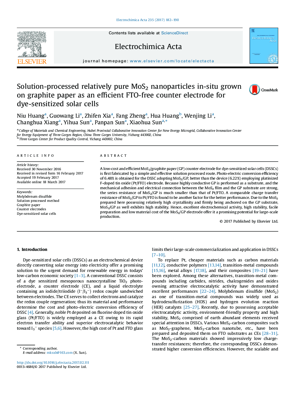 Solution-processed relatively pure MoS2 nanoparticles in-situ grown on graphite paper as an efficient FTO-free counter electrode for dye-sensitized solar cells