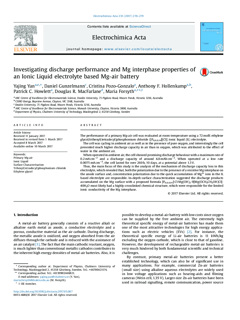 Investigating discharge performance and Mg interphase properties of an Ionic Liquid electrolyte based Mg-air battery