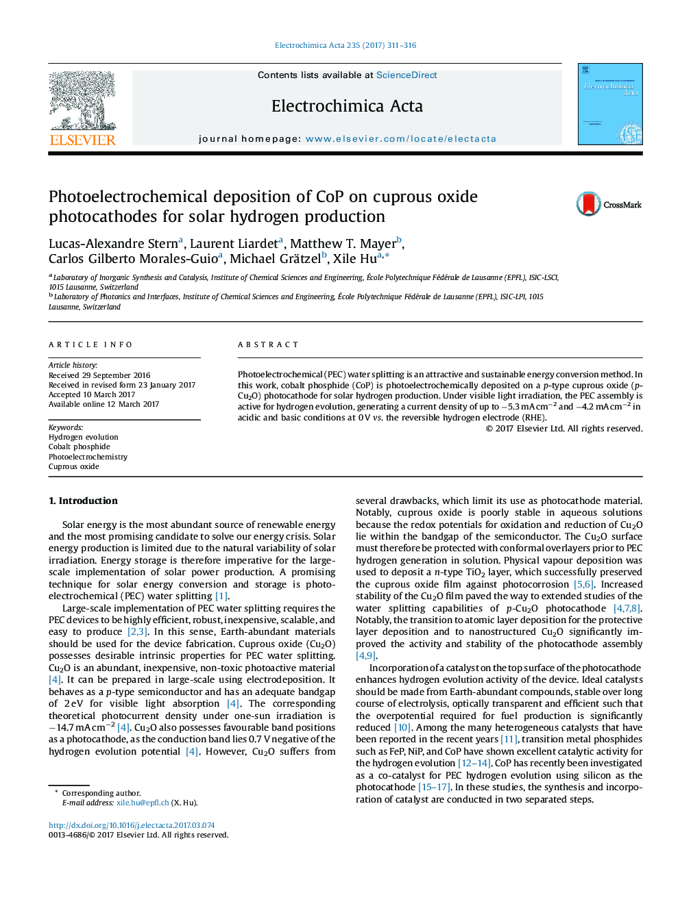 Photoelectrochemical deposition of CoP on cuprous oxide photocathodes for solar hydrogen production