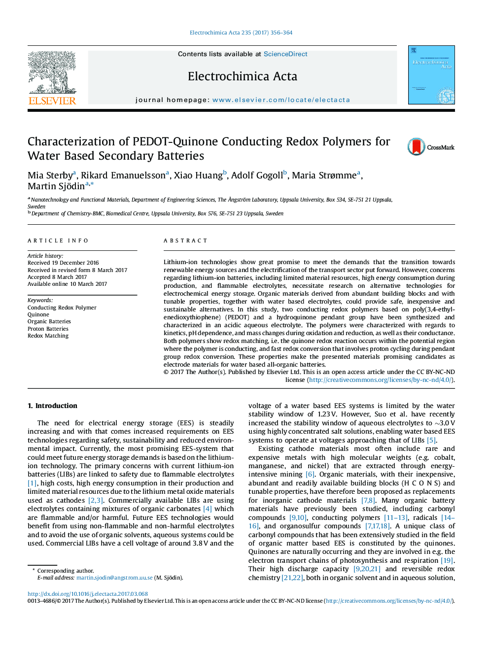 Characterization of PEDOT-Quinone Conducting Redox Polymers for Water Based Secondary Batteries