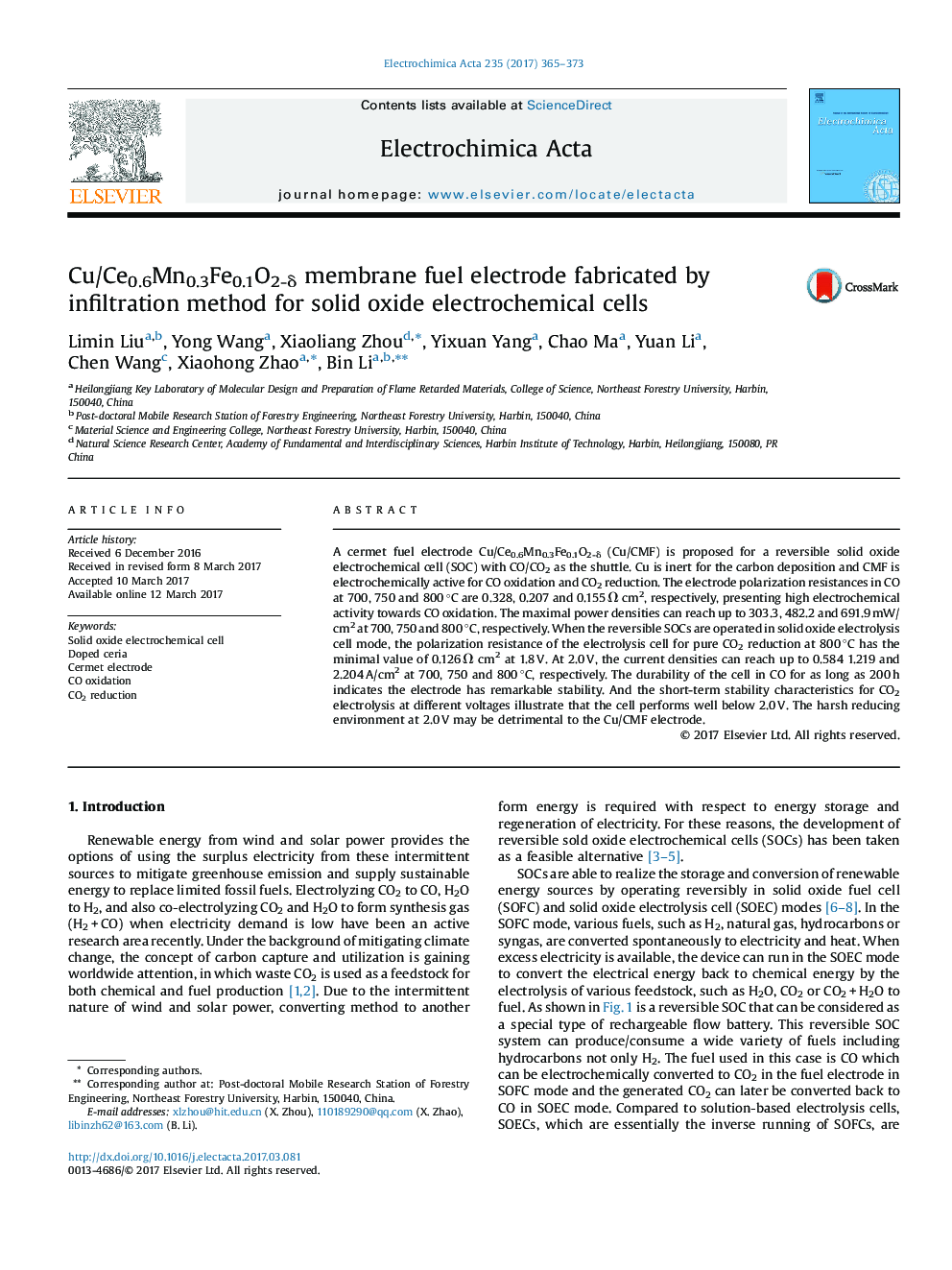 Cu/Ce0.6Mn0.3Fe0.1O2-Î´ membrane fuel electrode fabricated by infiltration method for solid oxide electrochemical cells