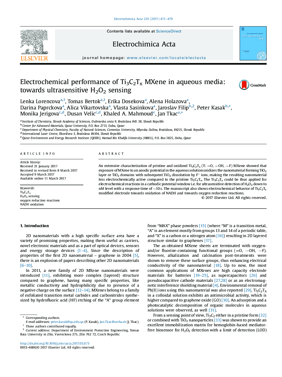 Electrochemical performance of Ti3C2Tx MXene in aqueous media: towards ultrasensitive H2O2 sensing