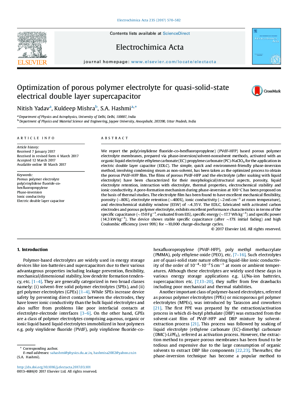 Optimization of porous polymer electrolyte for quasi-solid-state electrical double layer supercapacitor