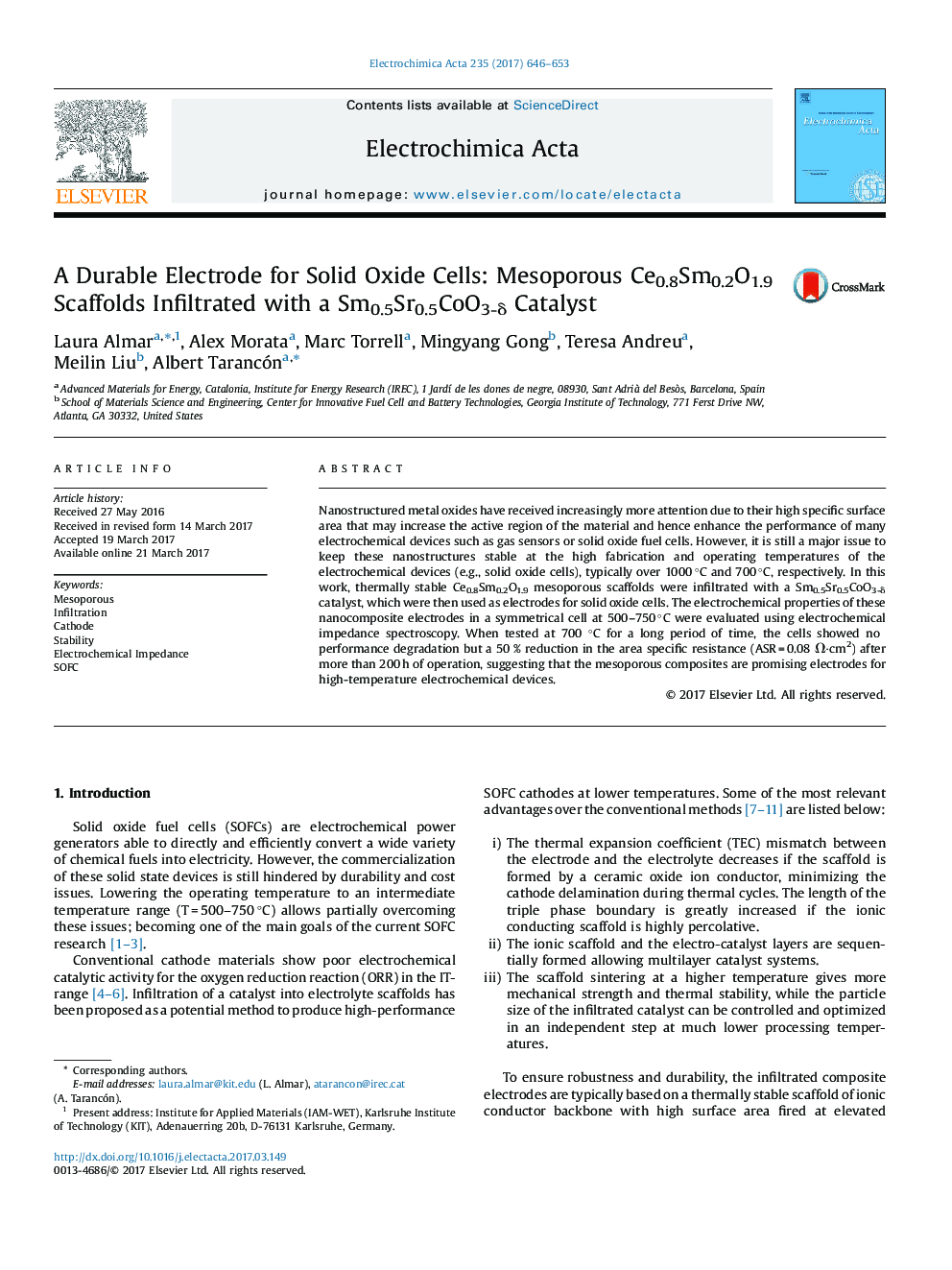 عکس صفحه اول مقاله: A Durable Electrode for Solid Oxide Cells: Mesoporous Ce0.8Sm0.2O1.9 Scaffolds Infiltrated with a Sm0.5Sr0.5CoO3-δ Catalyst A Durable Electrode for Solid Oxide Cells: Mesoporous Ce0.8Sm0.2O1.9 Scaffolds Infiltrated with a Sm0.5Sr0.5CoO3-δ Catalyst