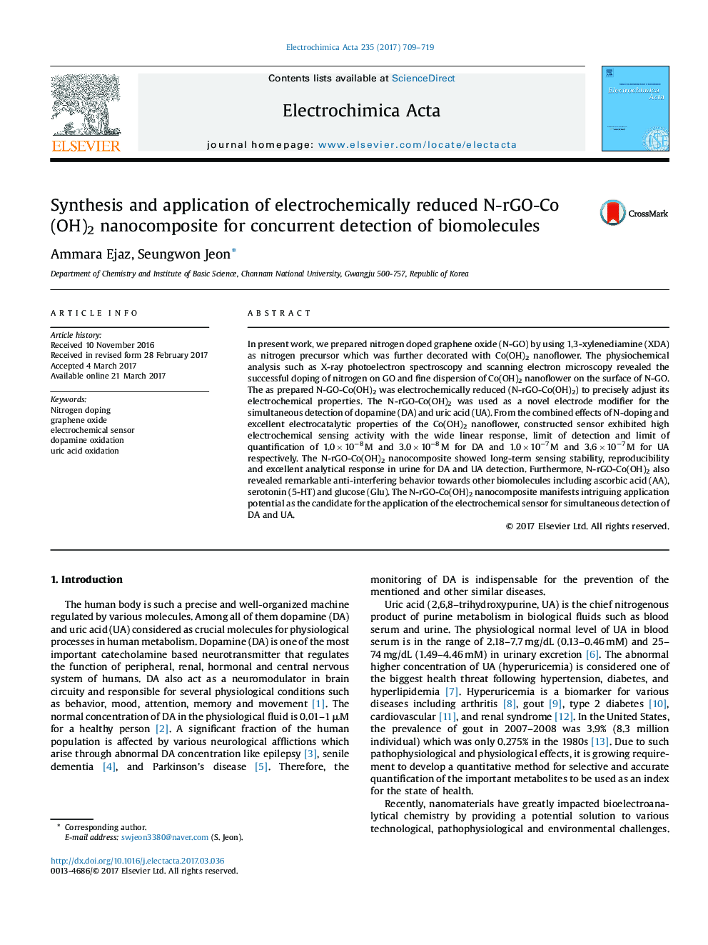 عکس صفحه اول مقاله: Synthesis and application of electrochemically reduced N-rGO-Co(OH)2 nanocomposite for concurrent detection of biomolecules Synthesis and application of electrochemically reduced N-rGO-Co(OH)2 nanocomposite for concurrent detection of biomolecules