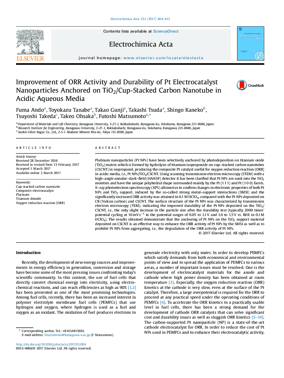 Improvement of ORR Activity and Durability of Pt Electrocatalyst Nanoparticles Anchored on TiO2/Cup-Stacked Carbon Nanotube in Acidic Aqueous Media