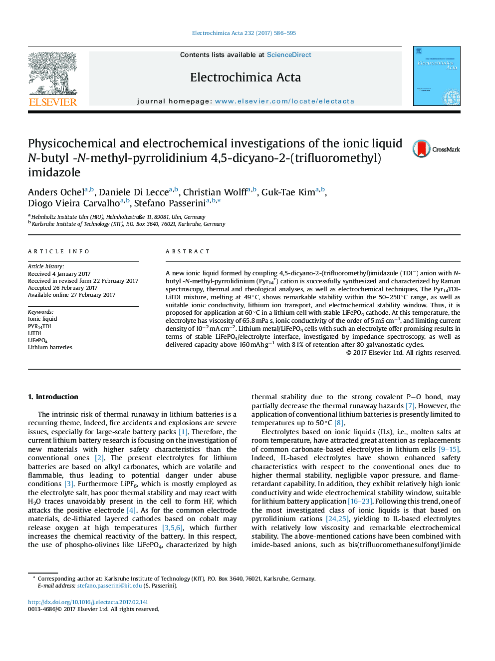 Physicochemical and electrochemical investigations of the ionic liquid N-butyl -N-methyl-pyrrolidinium 4,5-dicyano-2-(trifluoromethyl)imidazole