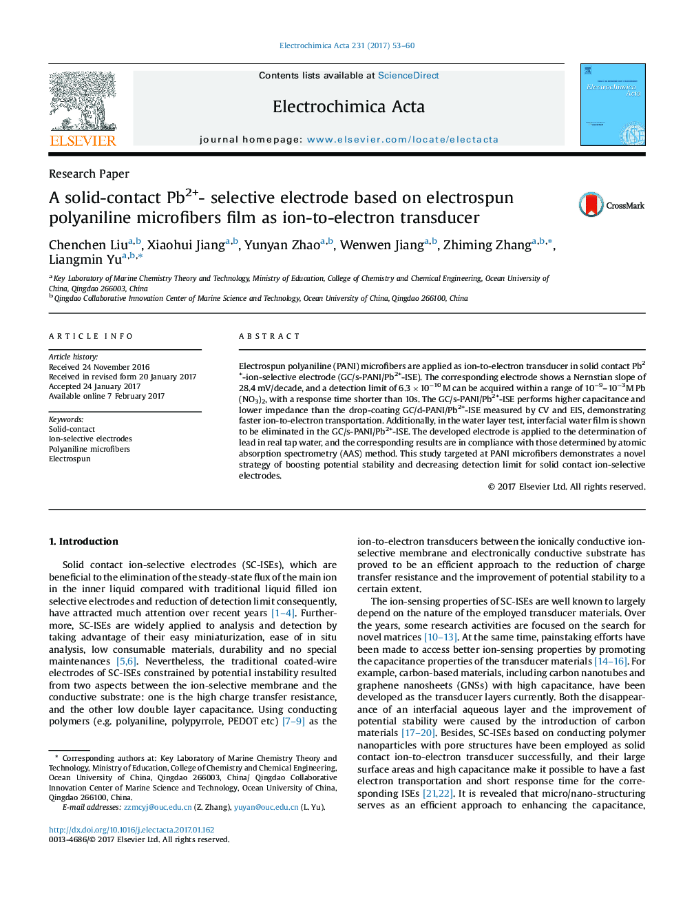 A solid-contact Pb2+- selective electrode based on electrospun polyaniline microfibers film as ion-to-electron transducer