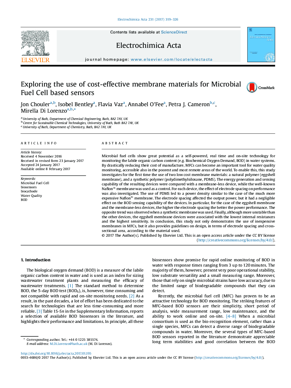 Exploring the use of cost-effective membrane materials for Microbial Fuel Cell based sensors