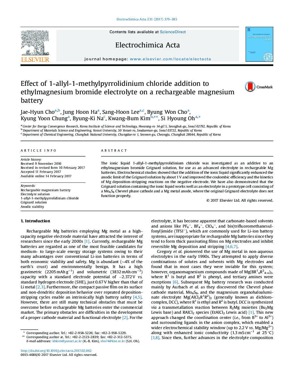 Effect of 1-allyl-1-methylpyrrolidinium chloride addition to ethylmagnesium bromide electrolyte on a rechargeable magnesium battery