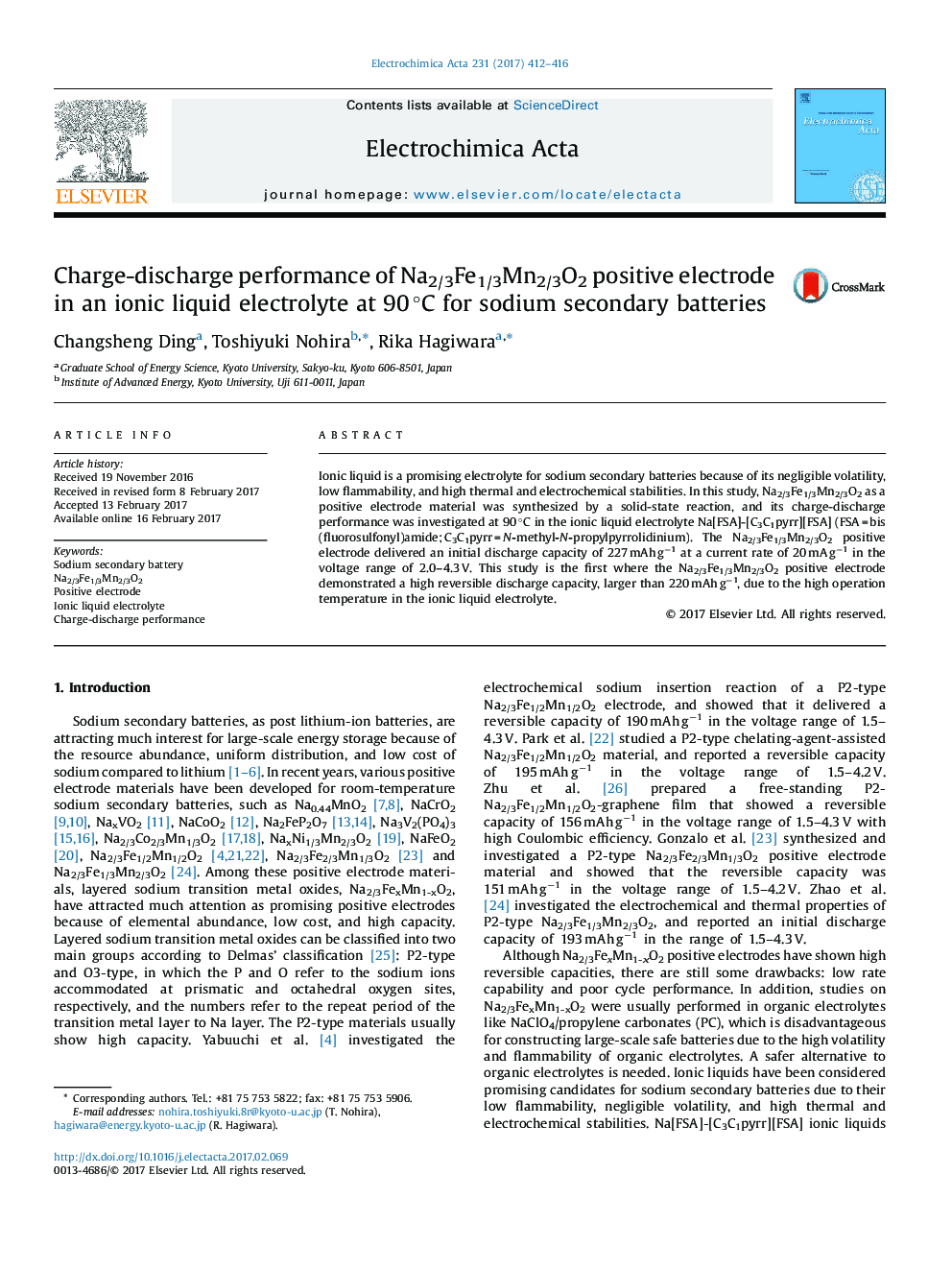 Charge-discharge performance of Na2/3Fe1/3Mn2/3O2 positive electrode in an ionic liquid electrolyte at 90 Â°C for sodium secondary batteries