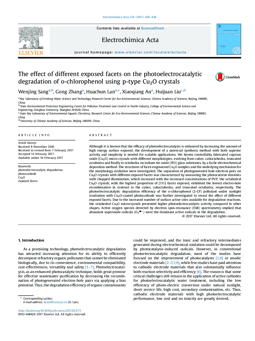 عکس صفحه اول مقاله: The effect of different exposed facets on the photoelectrocatalytic degradation of o-chlorophenol using p-type Cu2O crystals The effect of different exposed facets on the photoelectrocatalytic degradation of o-chlorophenol using p-type Cu2O crystals