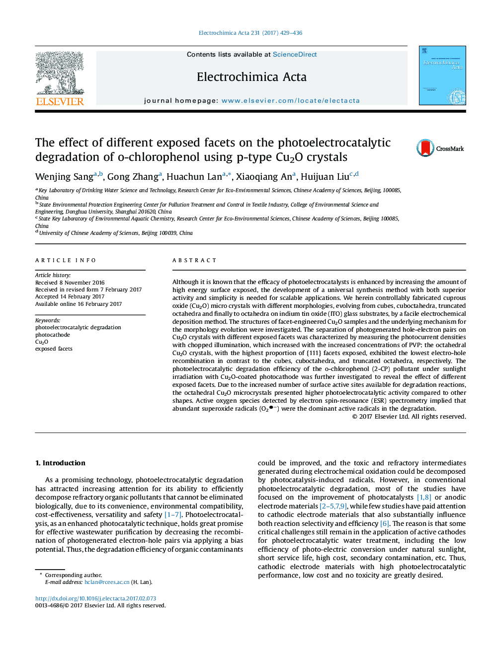 The effect of different exposed facets on the photoelectrocatalytic degradation of o-chlorophenol using p-type Cu2O crystals