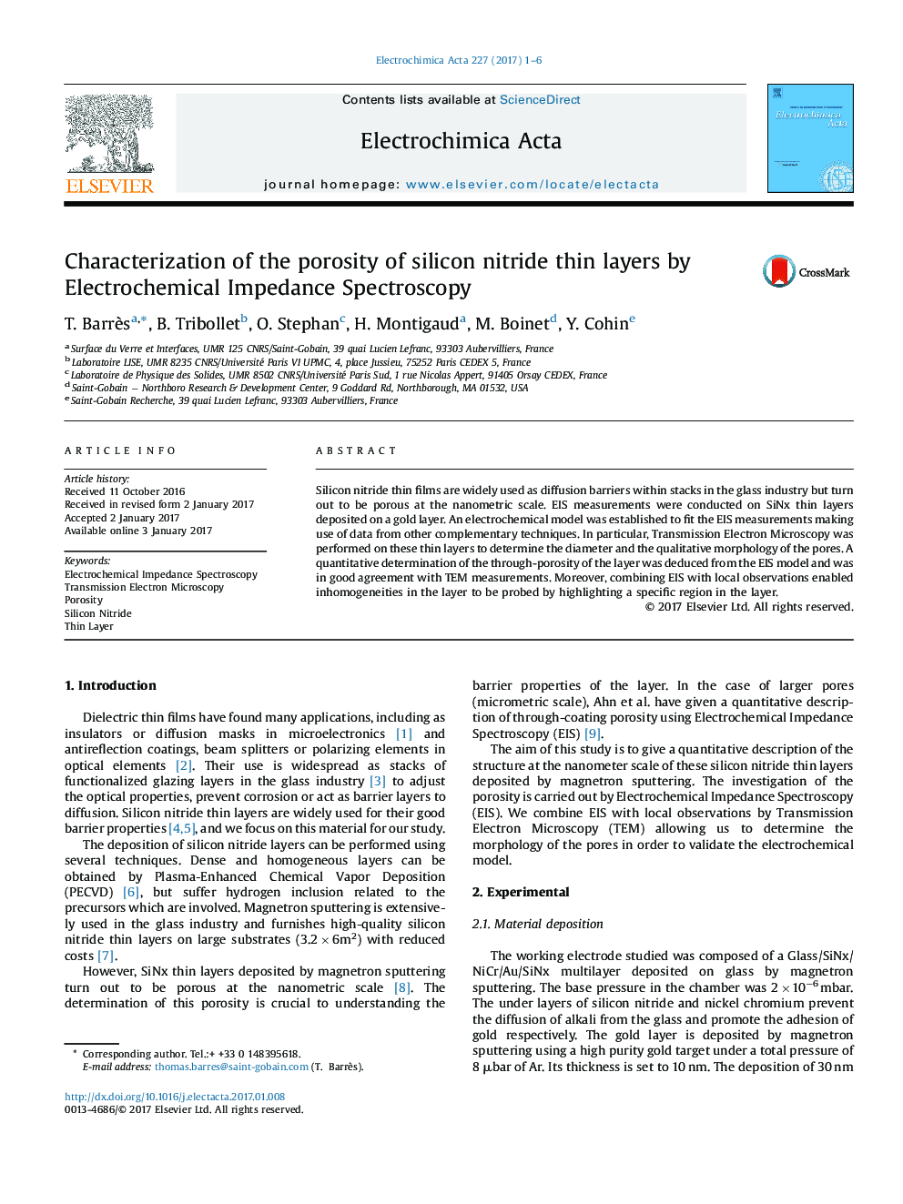 Characterization of the porosity of silicon nitride thin layers by Electrochemical Impedance Spectroscopy