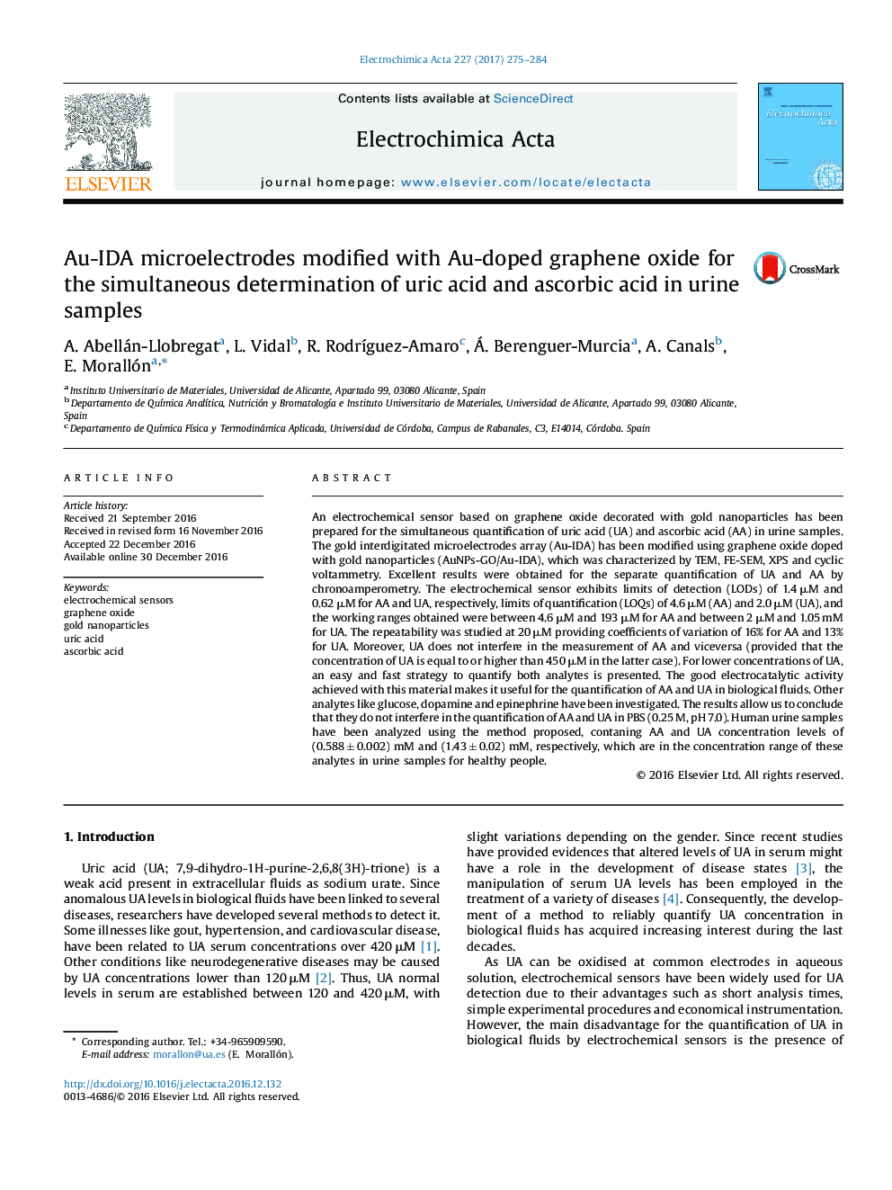 Au-IDA microelectrodes modified with Au-doped graphene oxide for the simultaneous determination of uric acid and ascorbic acid in urine samples