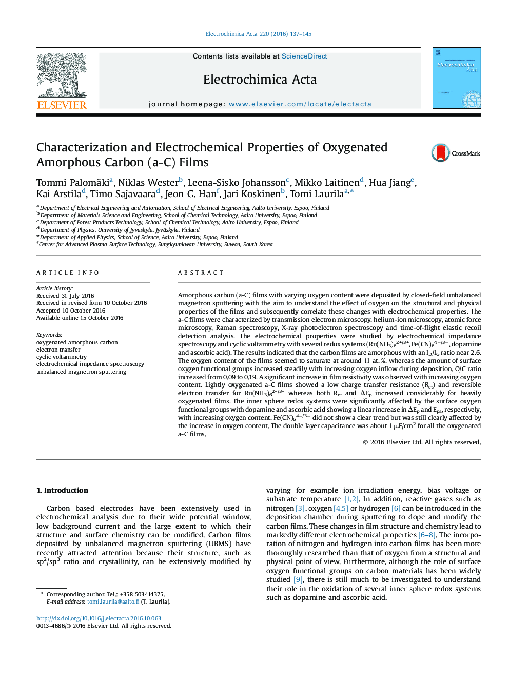 Characterization and Electrochemical Properties of Oxygenated Amorphous Carbon (a-C) Films