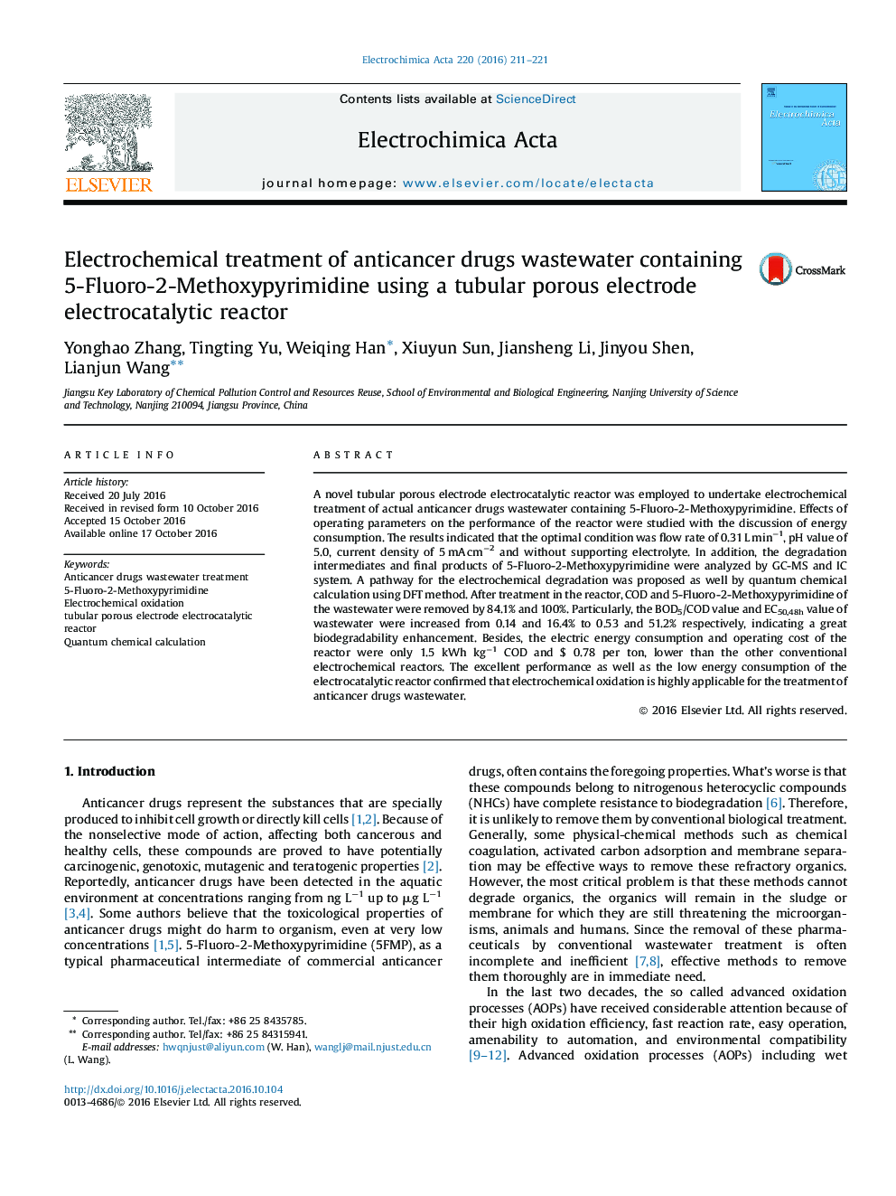 Electrochemical treatment of anticancer drugs wastewater containing 5-Fluoro-2-Methoxypyrimidine using a tubular porous electrode electrocatalytic reactor