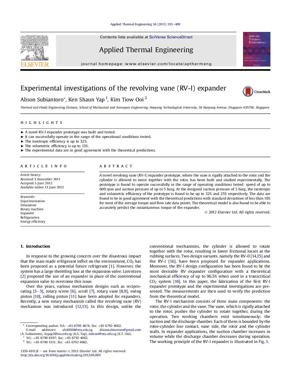 Experimental investigations of the revolving vane (RV-I) expander