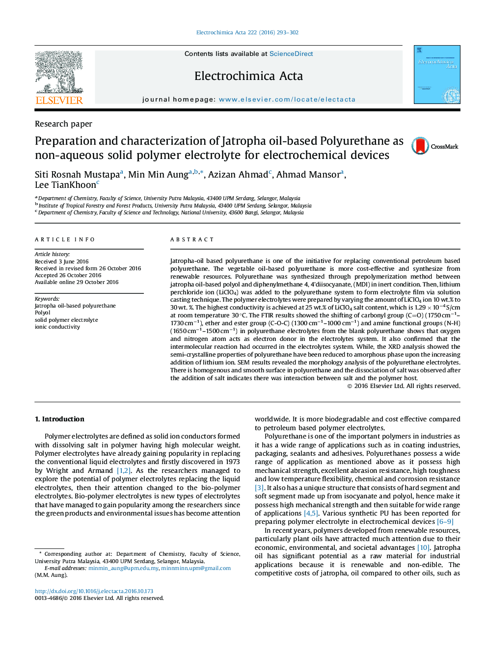 Preparation and characterization of Jatropha oil-based Polyurethane as non-aqueous solid polymer electrolyte for electrochemical devices