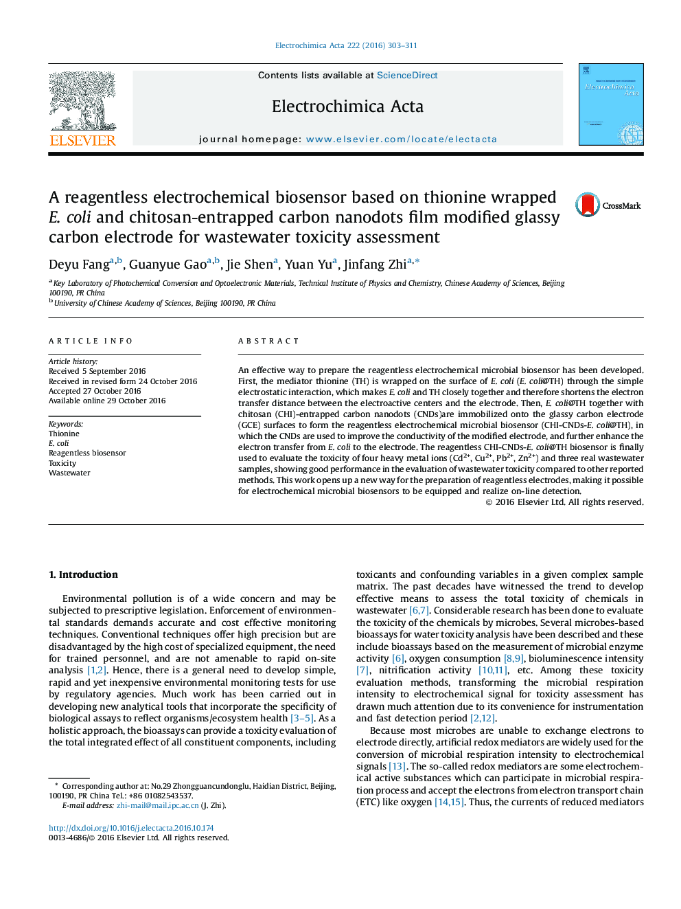 A reagentless electrochemical biosensor based on thionine wrapped E. coli and chitosan-entrapped carbon nanodots film modified glassy carbon electrode for wastewater toxicity assessment