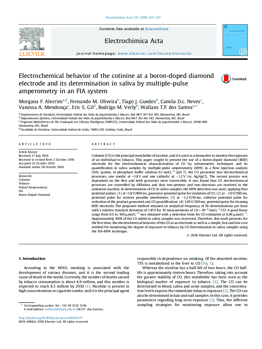 Electrochemical behavior of the cotinine at a boron-doped diamond electrode and its determination in saliva by multiple-pulse amperometry in an FIA system