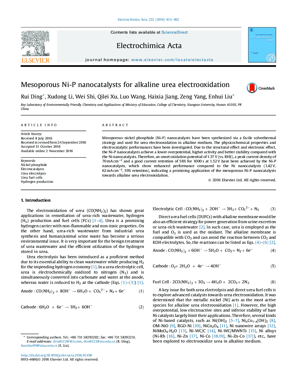 Mesoporous Ni-P nanocatalysts for alkaline urea electrooxidation