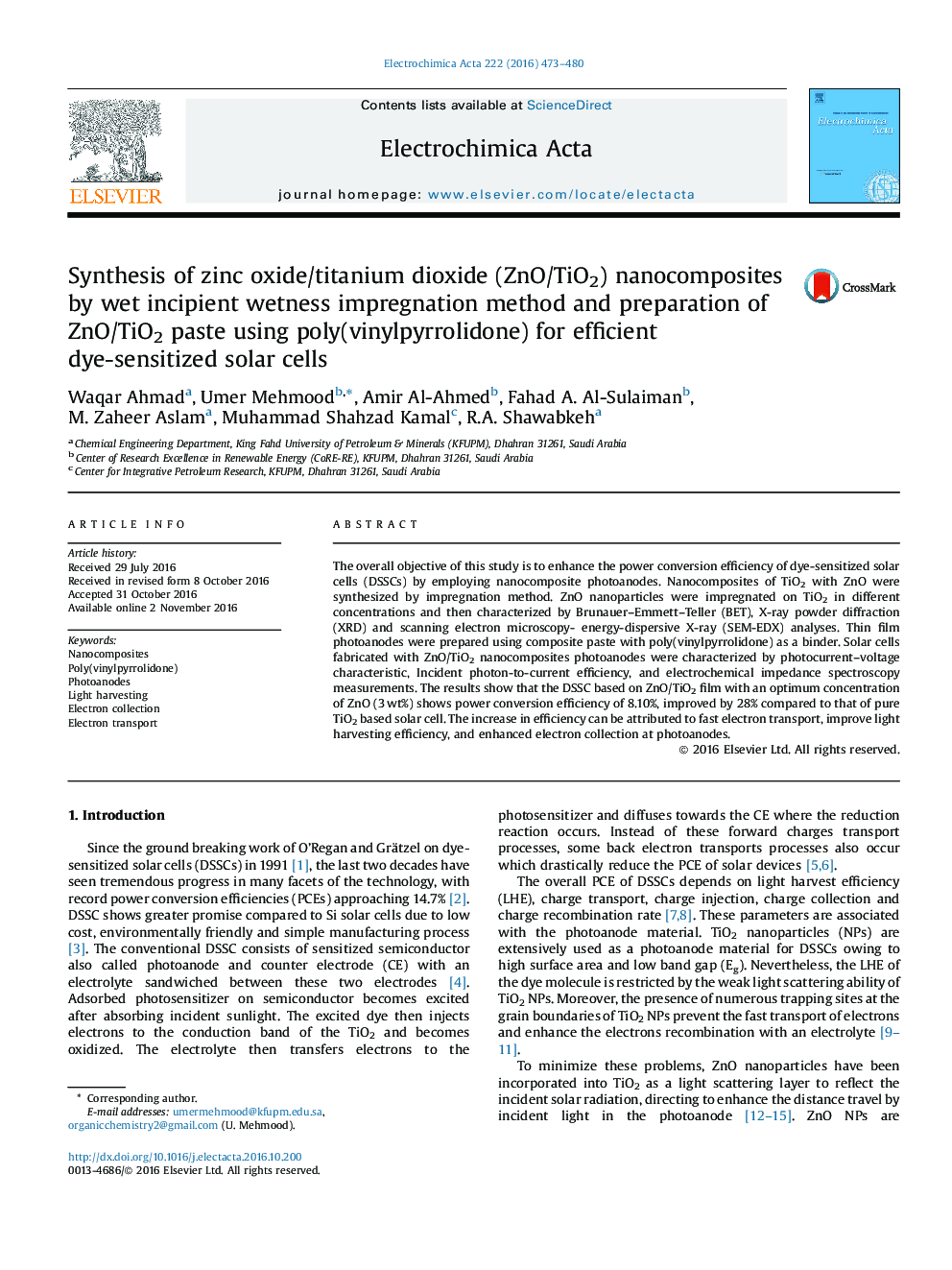 Synthesis of zinc oxide/titanium dioxide (ZnO/TiO2) nanocomposites by wet incipient wetness impregnation method and preparation of ZnO/TiO2 paste using poly(vinylpyrrolidone) for efficient dye-sensitized solar cells