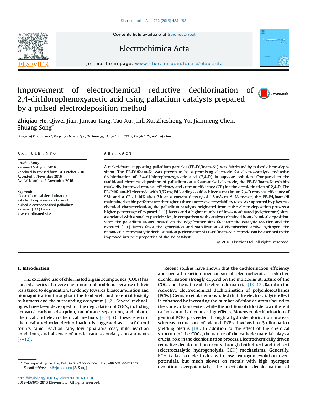 Improvement of electrochemical reductive dechlorination of 2,4-dichlorophenoxyacetic acid using palladium catalysts prepared by a pulsed electrodeposition method