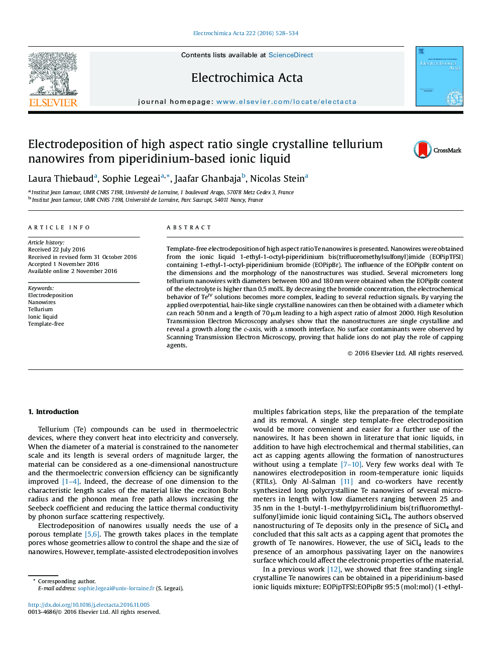 Electrodeposition of high aspect ratio single crystalline tellurium nanowires from piperidinium-based ionic liquid