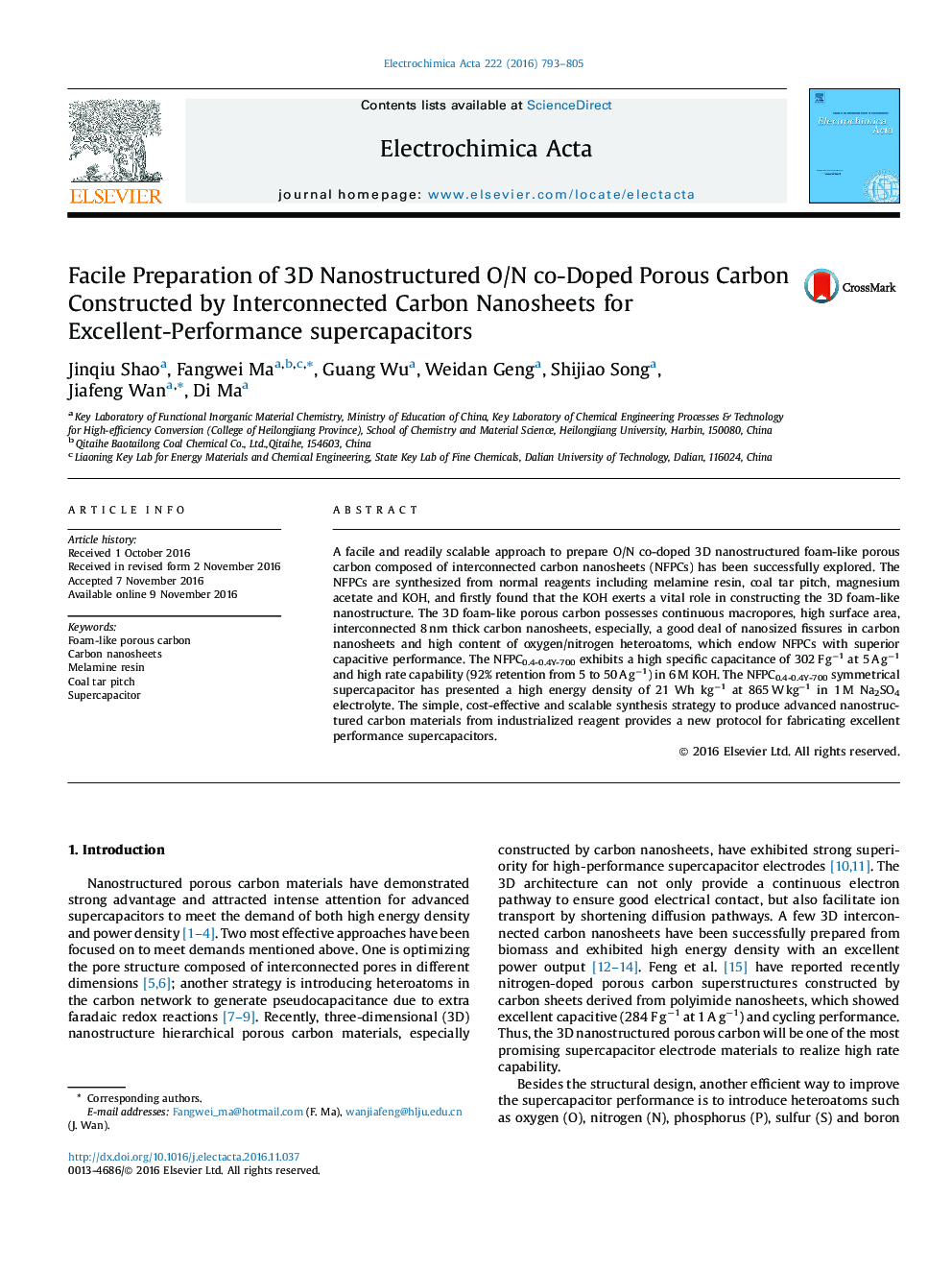 Facile Preparation of 3D Nanostructured O/N co-Doped Porous Carbon Constructed by Interconnected Carbon Nanosheets for Excellent-Performance supercapacitors