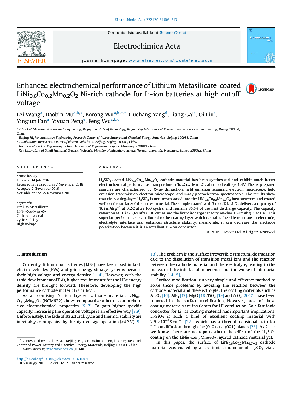 Enhanced electrochemical performance of Lithium Metasilicate-coated LiNi0.6Co0.2Mn0.2O2 Ni-rich cathode for Li-ion batteries at high cutoff voltage