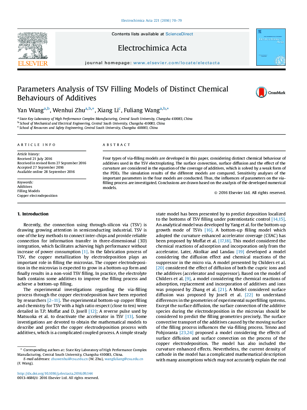 Parameters Analysis of TSV Filling Models of Distinct Chemical Behaviours of Additives