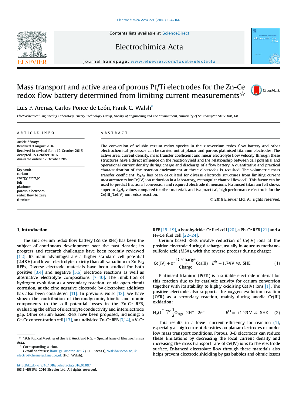 Mass transport and active area of porous Pt/Ti electrodes for the Zn-Ce redox flow battery determined from limiting current measurements