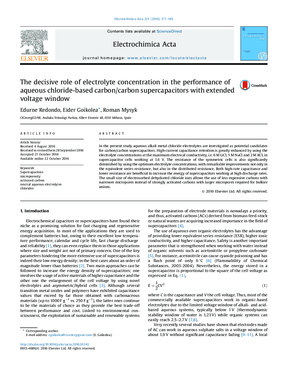 The decisive role of electrolyte concentration in the performance of aqueous chloride-based carbon/carbon supercapacitors with extended voltage window