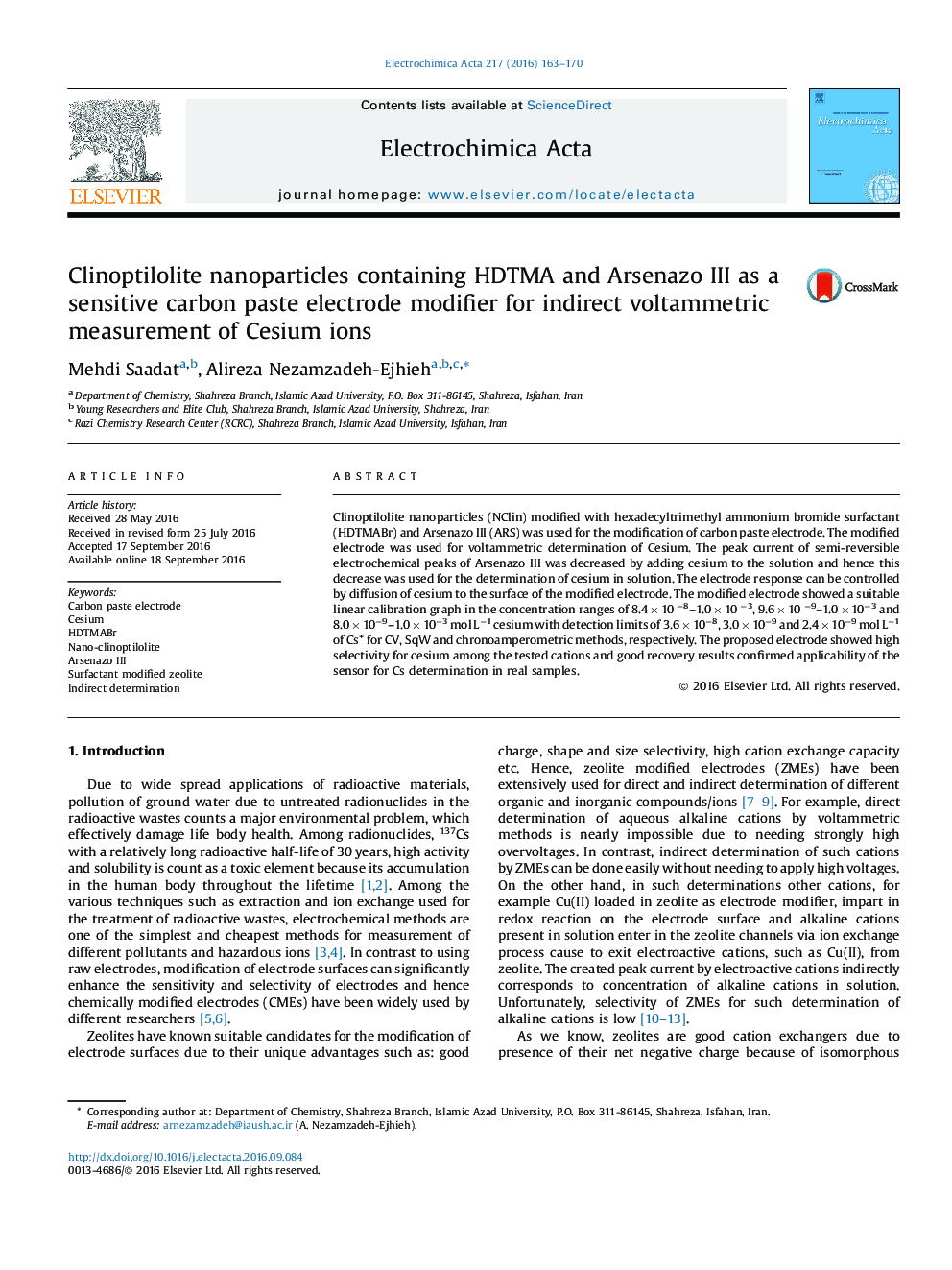 Clinoptilolite nanoparticles containing HDTMA and Arsenazo III as a sensitive carbon paste electrode modifier for indirect voltammetric measurement of Cesium ions
