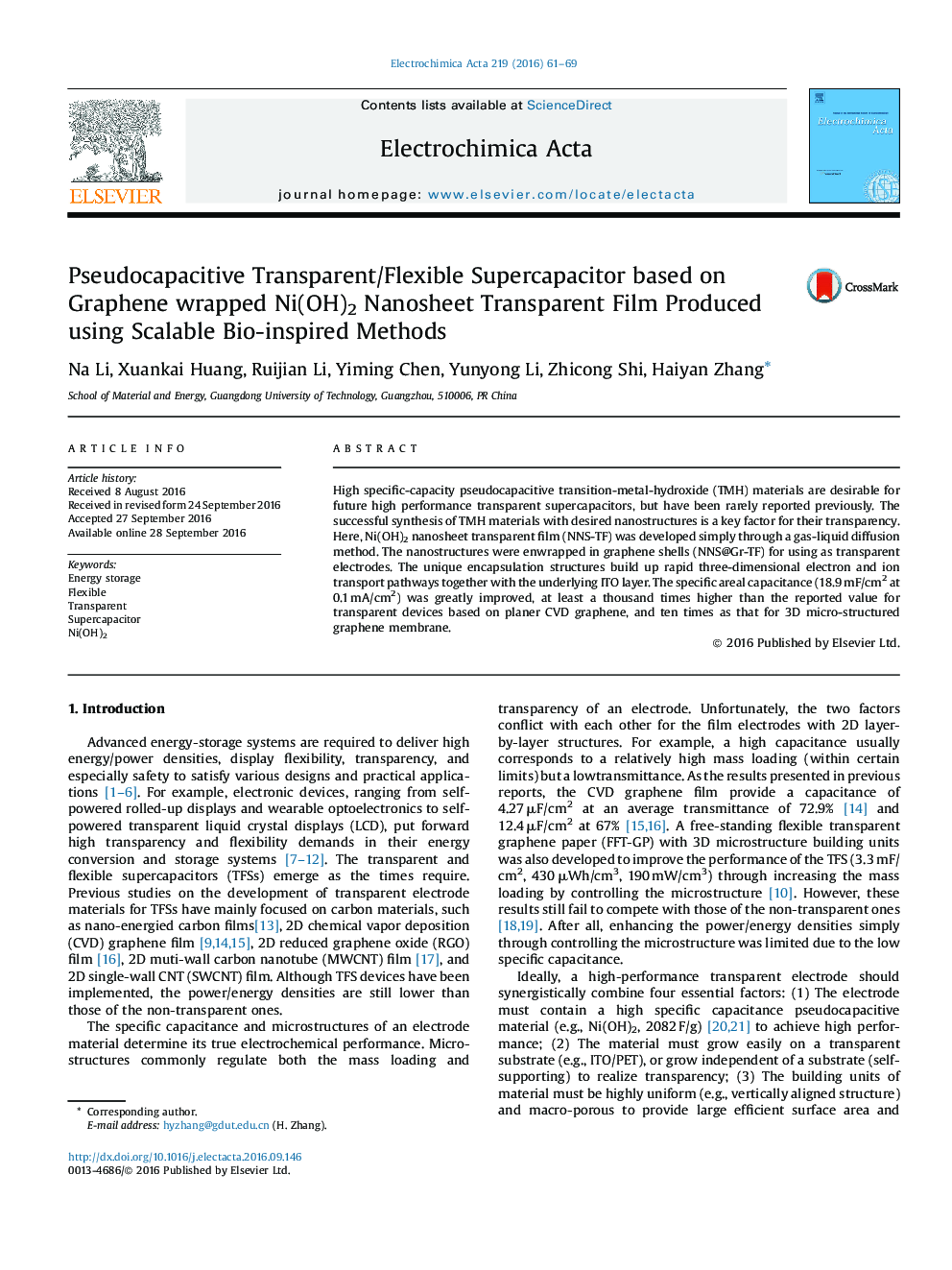 Pseudocapacitive Transparent/Flexible Supercapacitor based on Graphene wrapped Ni(OH)2 Nanosheet Transparent Film Produced using Scalable Bio-inspired Methods