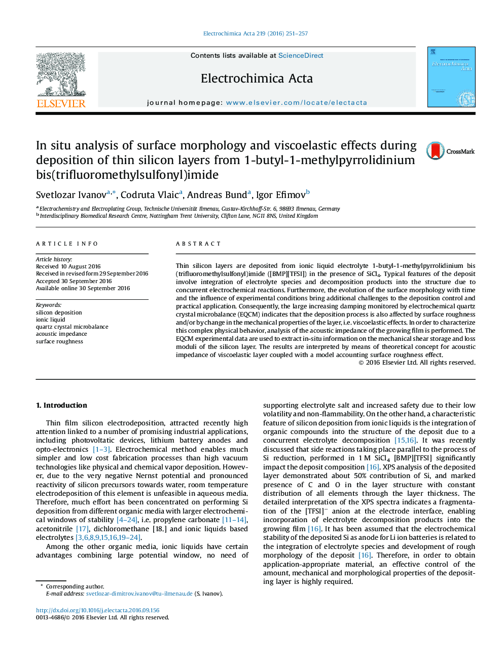 In situ analysis of surface morphology and viscoelastic effects during deposition of thin silicon layers from 1-butyl-1-methylpyrrolidinium bis(trifluoromethylsulfonyl)imide