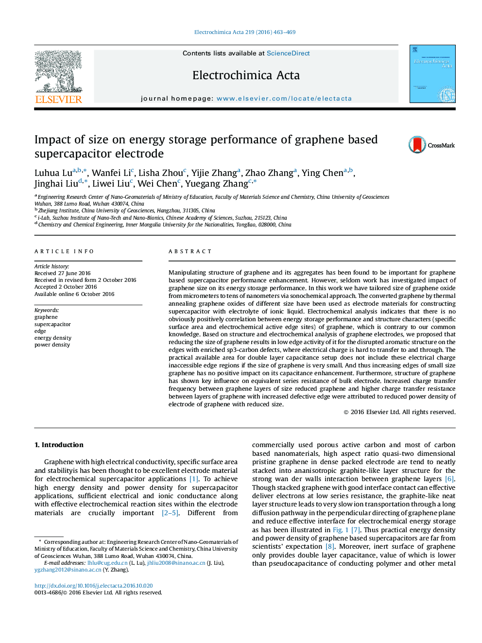 Impact of size on energy storage performance of graphene based supercapacitor electrode