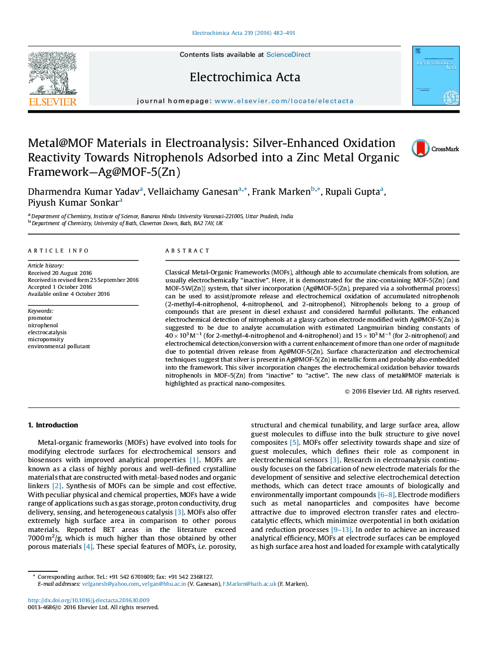 Metal@MOF Materials in Electroanalysis: Silver-Enhanced Oxidation Reactivity Towards Nitrophenols Adsorbed into a Zinc Metal Organic Framework-Ag@MOF-5(Zn)