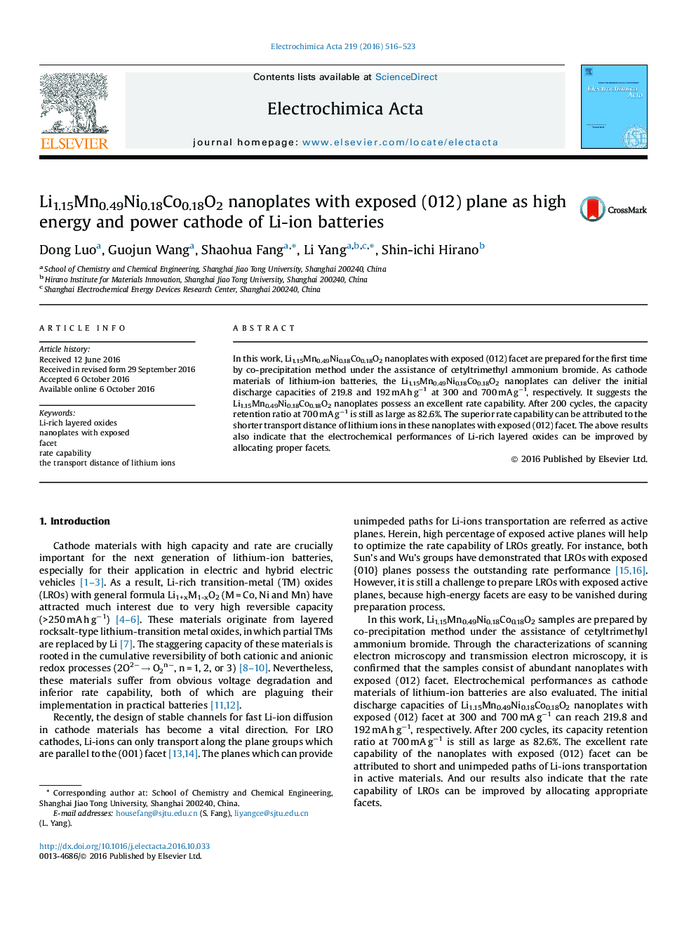 Li1.15Mn0.49Ni0.18Co0.18O2 nanoplates with exposed (012) plane as high energy and power cathode of Li-ion batteries