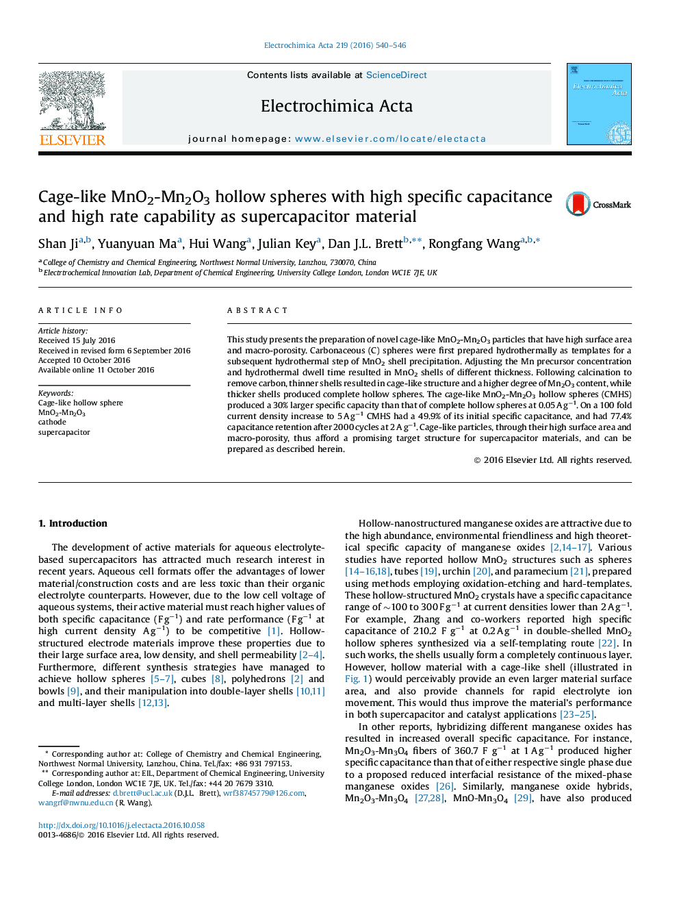 Cage-like MnO2-Mn2O3 hollow spheres with high specific capacitance and high rate capability as supercapacitor material